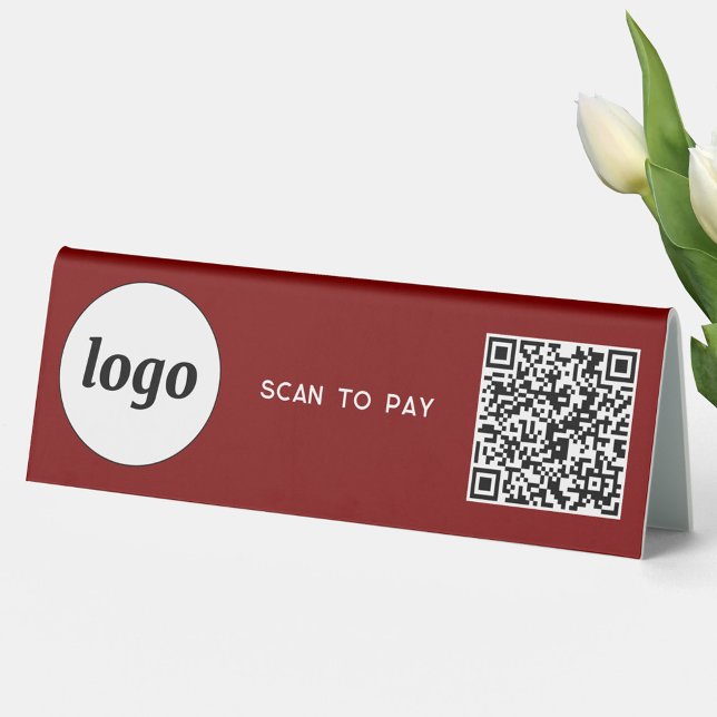 QR Code Logo Business Scan to Pay Burgundy Red Table Tent (Simple logo QR code with custom text scan to pay business branding promotional table tent sign)