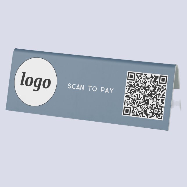 QR Code Logo Business Scan to Pay Dusty Blue Table Tent (Logo QR code scan to pay Dusty blue table tent sign for cafe restaurant shop store)