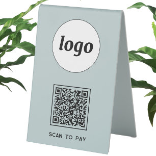QR Code Logo Business Scan to Pay Dusty Blue Table Tent