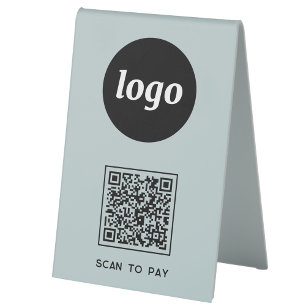 QR Code Logo Business Scan to Pay Dusty Blue Table Tent