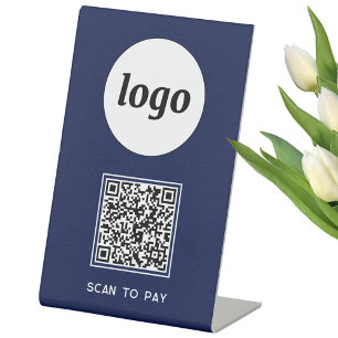 QR Code Logo Business Scan to Pay Navy Blue Pedestal Sign