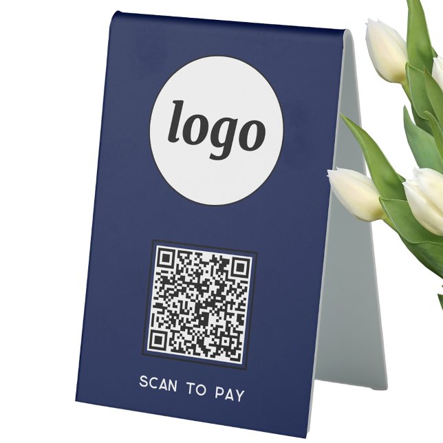 QR Code Logo Business Scan to Pay Navy Blue Table Tent (Simple logo QR code with custom text business branding promotional Scan to Pay table tent sign)