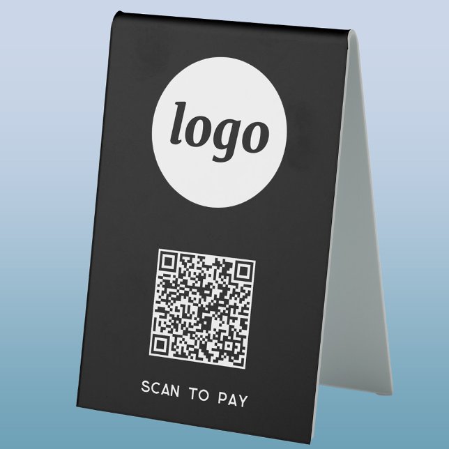 QR Code Logo Business Scan to Pay Table Tent (Simple logo with QR code and custom text white on black scan to pay table tent sign for business)