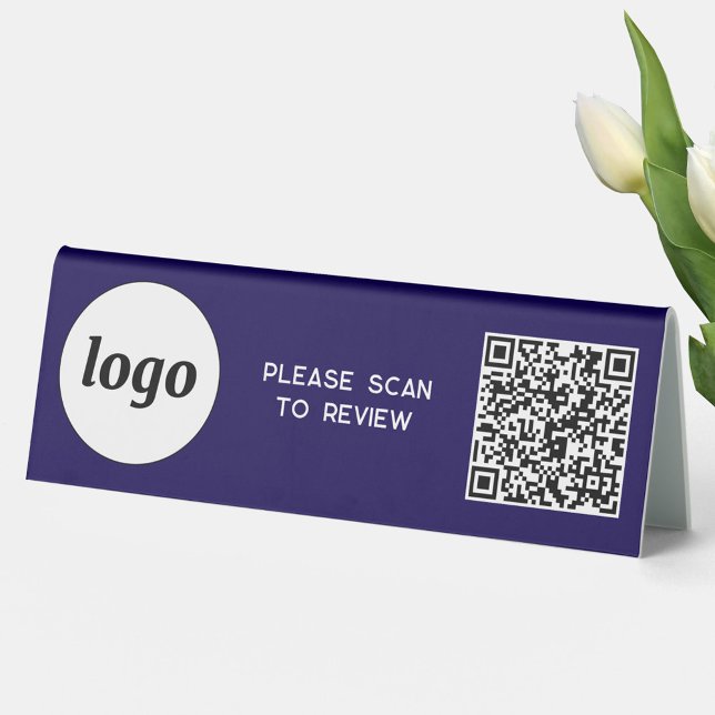 QR Code Logo Business Scan to Review Navy Blue Table Tent (Simple logo with QR code and custom text business branding promotional Scan to Review table tent)