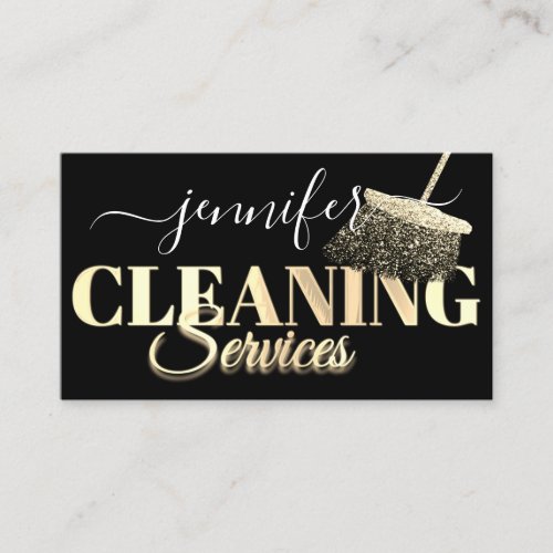 QR Code Logo Cleaning Services Golden Script Black Business Card