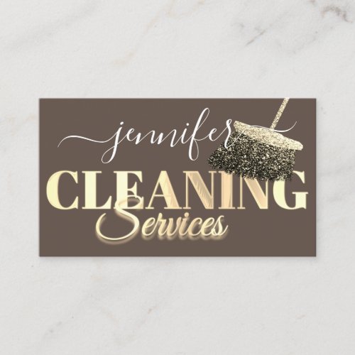 QR Code Logo Cleaning Services Golden Script Brown Business Card