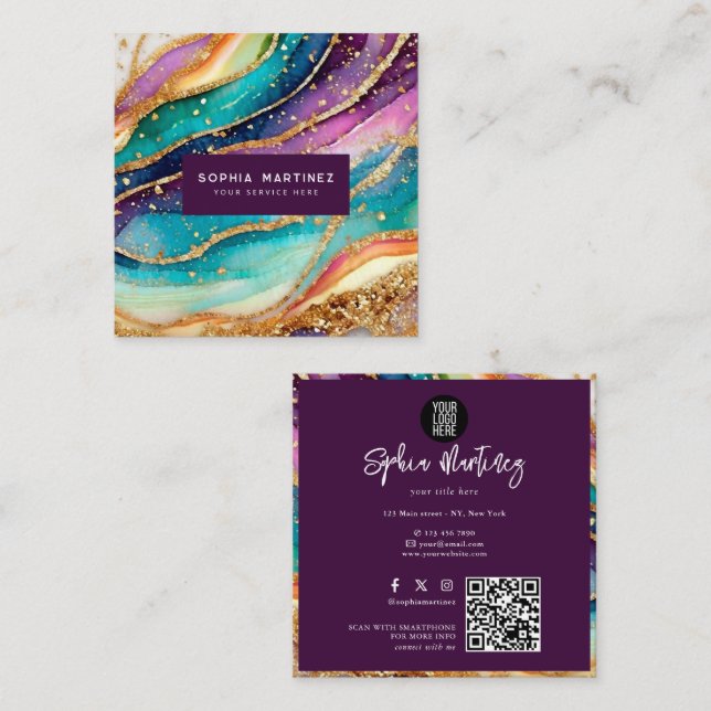 QR Code & Logo Elegant Rainbow Agate gold Glitter  Square Business Card (Front/Back)