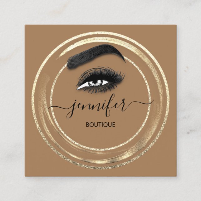 QR Code Logo Glitter Gold Brown Eyelash Microblade Square Business Card (Front)