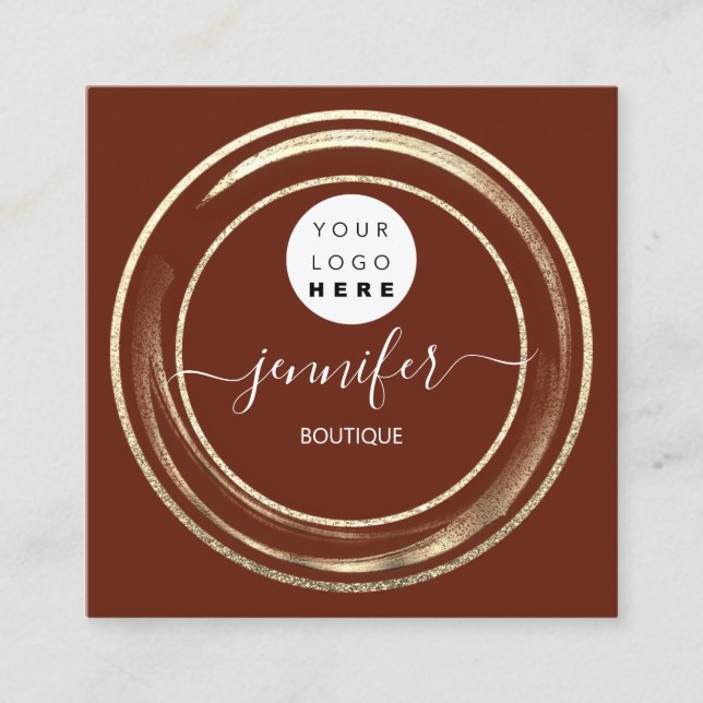 QR Code Logo Glitter Gold Burgundy Frame Modern Square Business Card (Front)