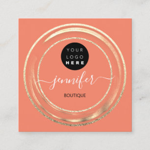 QR Code Logo Glitter Gold Rose Shop Boutique Coral Square Business Card