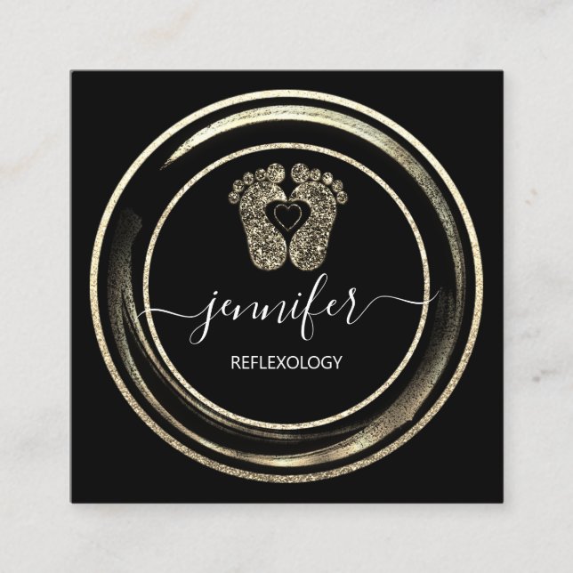QR Code Logo Gold Black Reflexology Foot Massages  Square Business Card (Front)