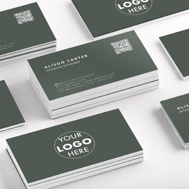 QR Code & Logo | Green | Modern | Professional Business Card (Stacks of green business cards showing the front of the card with QR code and logo at the back.)
