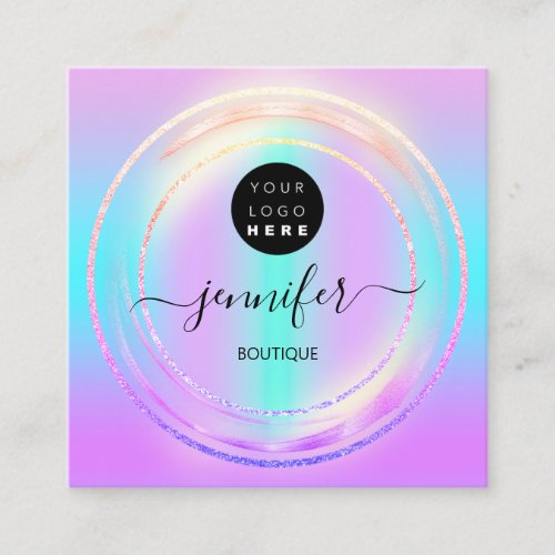 QR Code Logo Holographic Pink Gold Frame Ombre Square Business Card