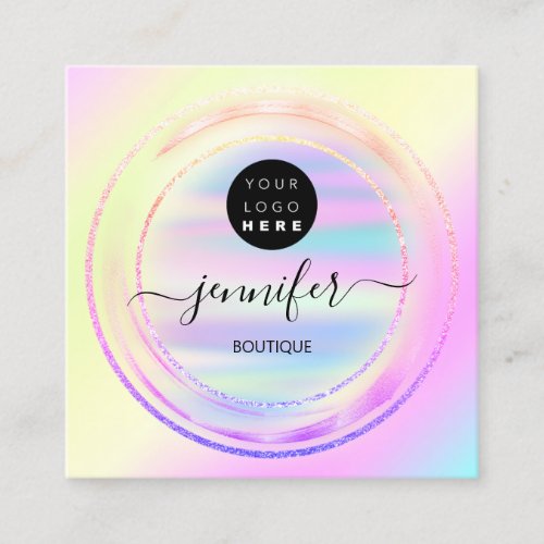QR Code Logo Holographic Pink Gold Ombre  Square Business Card