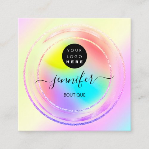 QR Code Logo Holographic Pink Gold Rainbow Square Business Card