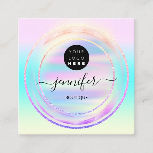 QR Code Logo Holographic Pink Ombre Pastels Square Business Card