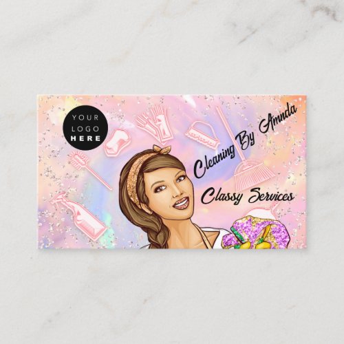 QR Code Logo Home Maid Home Cleaning Service Pink Business Card
