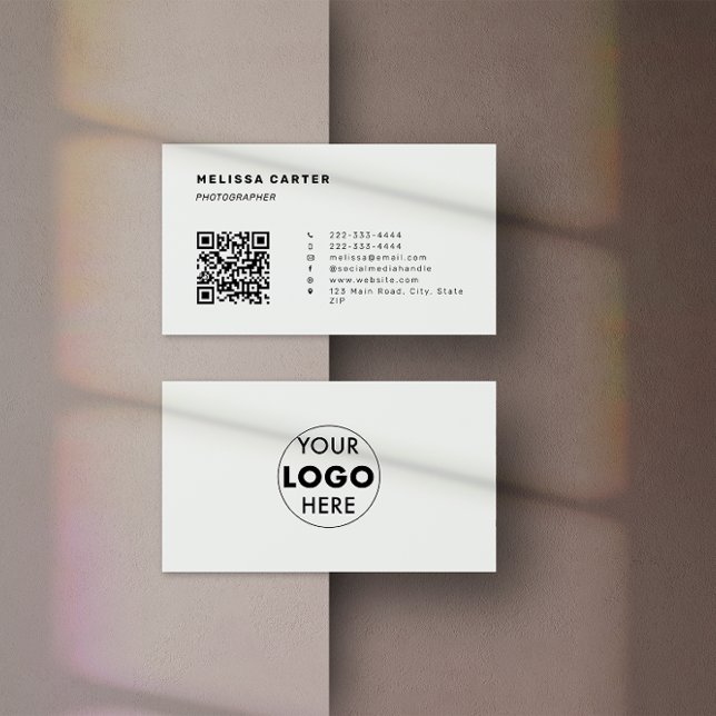 QR Code & Logo | Light Gray | Sleek & Smart Business Card (Front & back of a gray minimalist business card design which features customisable QR Code & logo.)