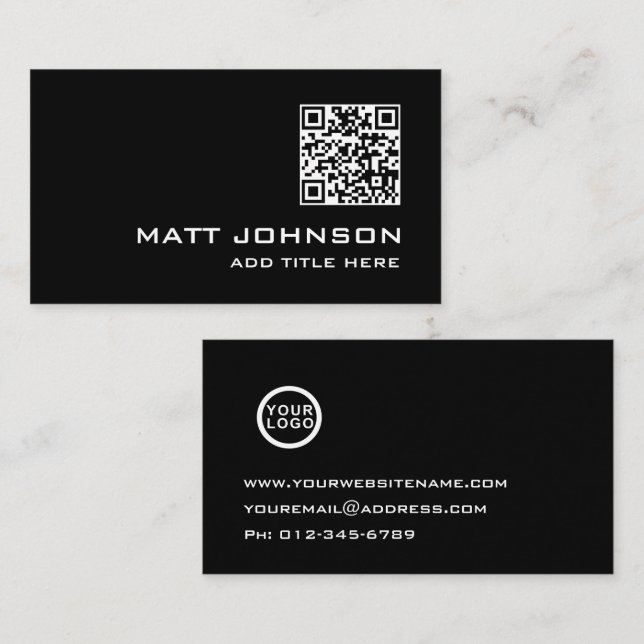 QR Code | Logo Modern Black White Business Card (Front/Back)