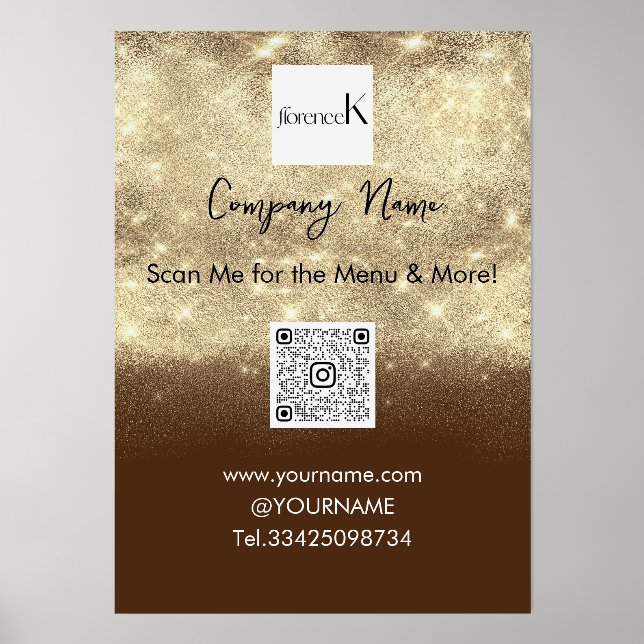 QR CODE LOGO NAME Scan me Gold Brown Holder (Front)