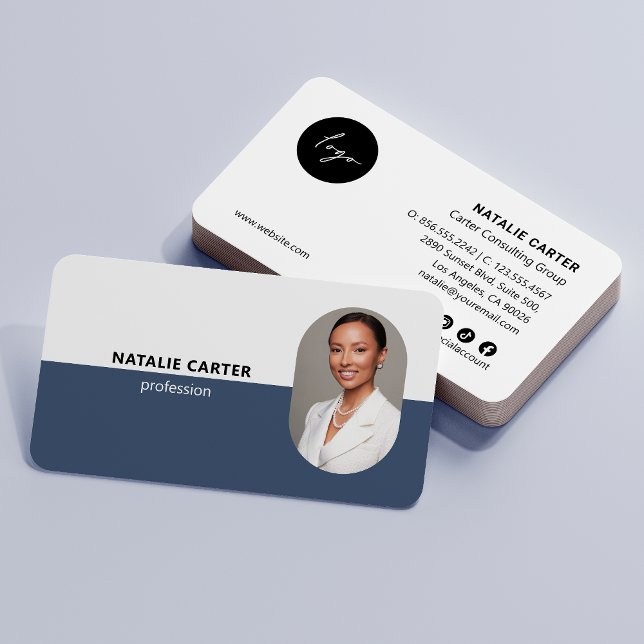 QR CODE  Logo OVAL Photo Professional DUSTY BLUE Business Card (Creator Uploaded)