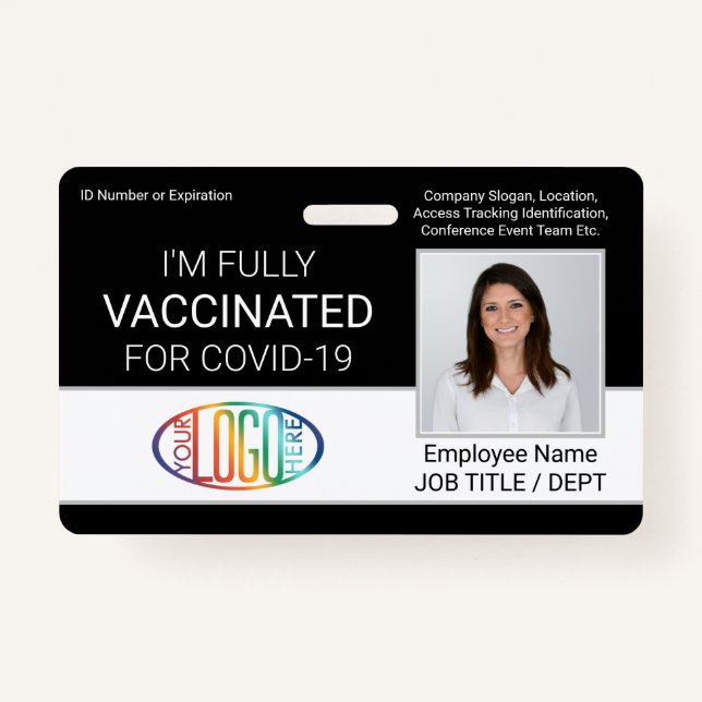 QR Code Logo Photo Employee ID Vaccine Pass Black Badge (Front)