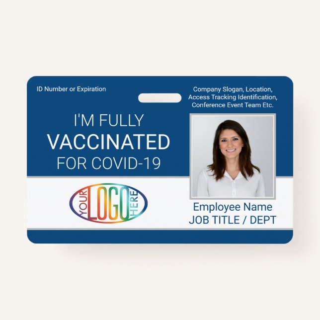 QR Code Logo Photo Employee ID Vaccine Pass Blue Badge (Front)