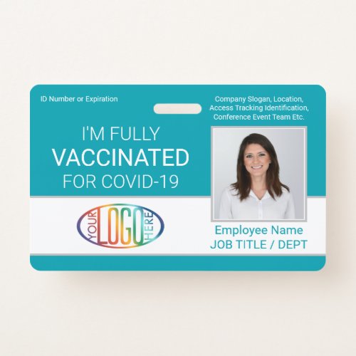 QR Code Logo Photo Employee ID Vaccine Pass Teal Badge