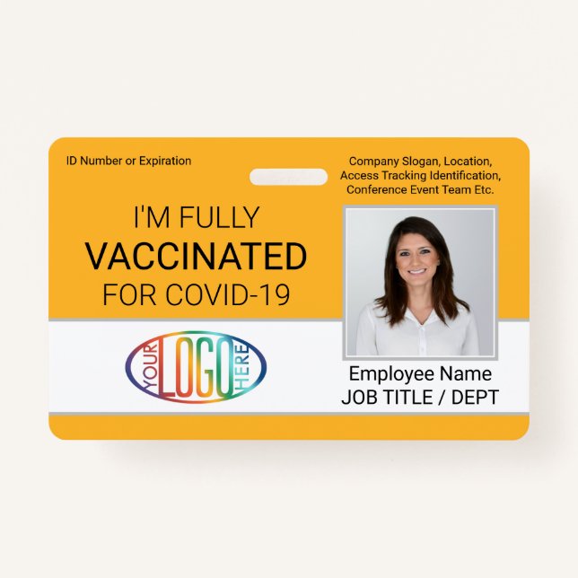 QR Code Logo Photo Employee ID Vaccine Pass Yellow Badge (Front)