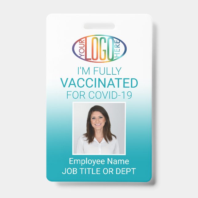 QR Code Logo Photo ID Covid Vaccinated Teal Blue Badge (Front)