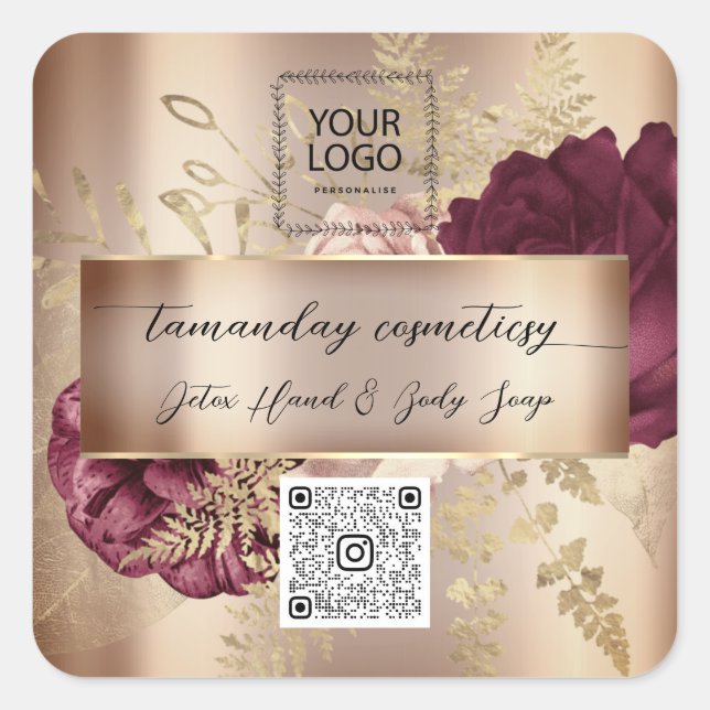 QR Code Logo Photo Product Rose Floral Burgundy Square Sticker (Front)