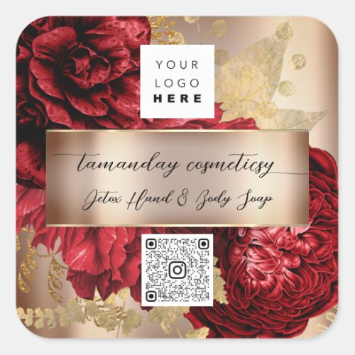 QR Code Logo Photo Product Thank Rose Red Gold Square Sticker
