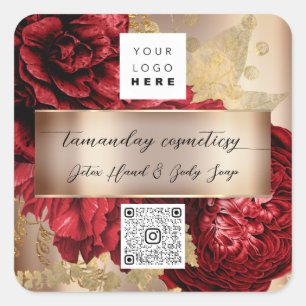 QR Code Logo Photo Product Thank Rose Red Gold Square Sticker