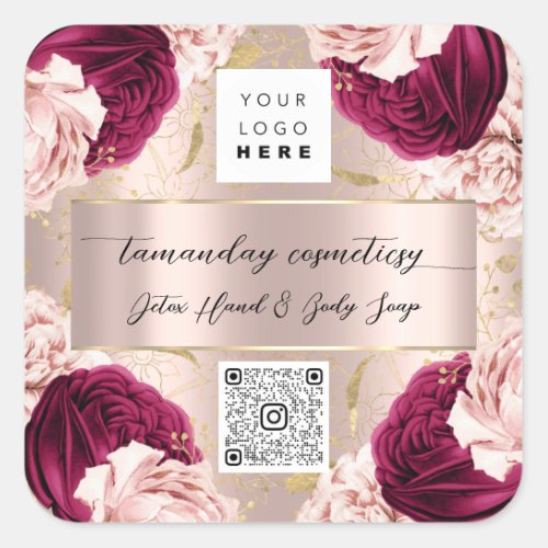 QR Code Logo Photo Product Thank Rose Red Marsala Square Sticker