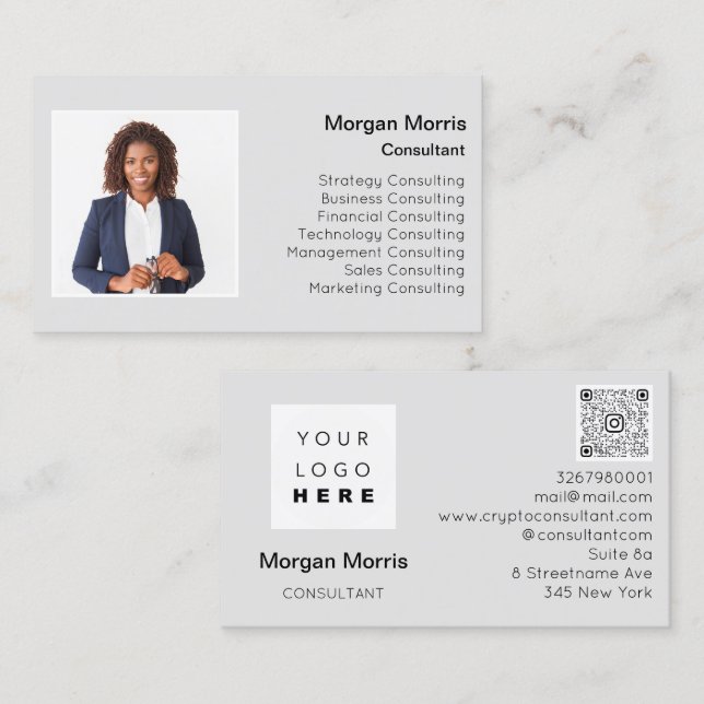 QR Code Logo Photo Professional Company Gray Business Card (Front/Back)