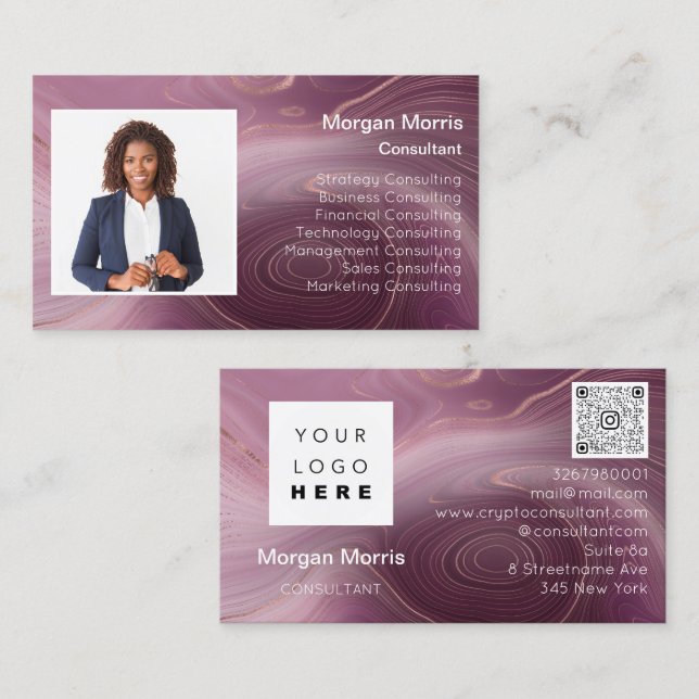 QR Code Logo Photo Professional Company Marble Business Card (Front/Back)