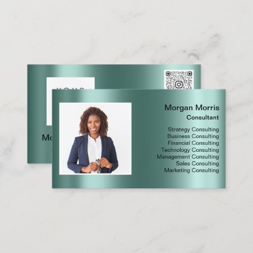 QR Code Logo Photo Professional Company Teal Business Card