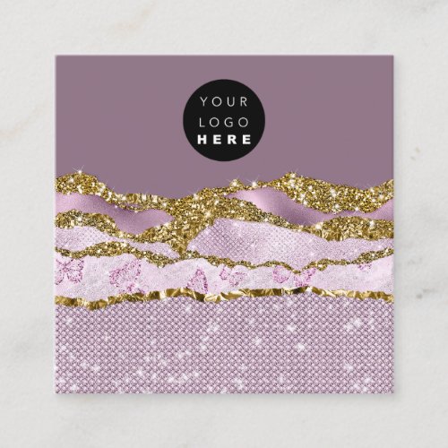 QR Code Logo Pink Glitter Rose Eggplant Strokes  Square Business Card