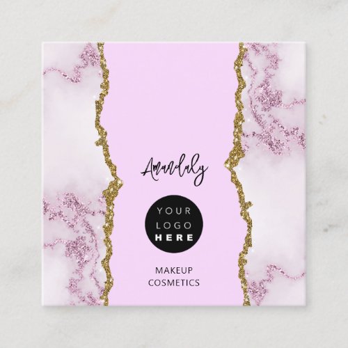 QR Code Logo Pink Marble Gold Glitter  Square Business Card