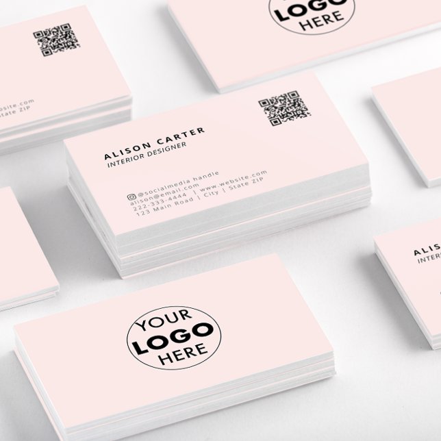 QR Code & Logo | Professional | Pink | Modern Business Card (Stacks of pink business cards showing the front of the card with QR code and logo at the back.)