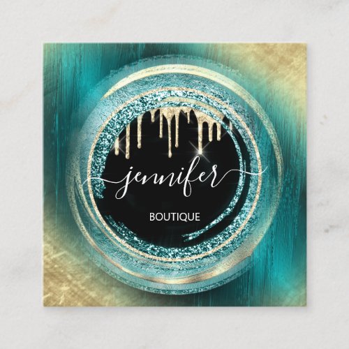 QR Code Logo Shop Black Gold Drips Teal Abstract Square Business Card