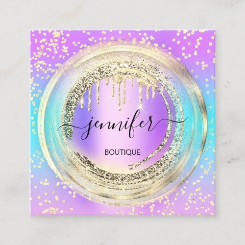 QR Code Logo Shop Pink Ombre Gold Drips Confetti  Square Business Card