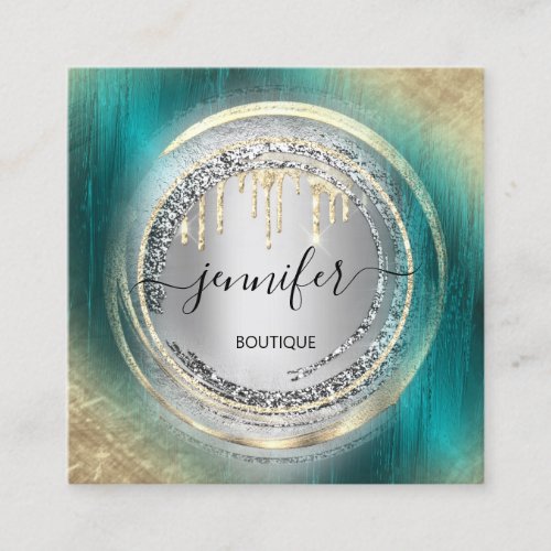 QR Code Logo Shop Silver Gray Teal Gold Drips  Square Business Card