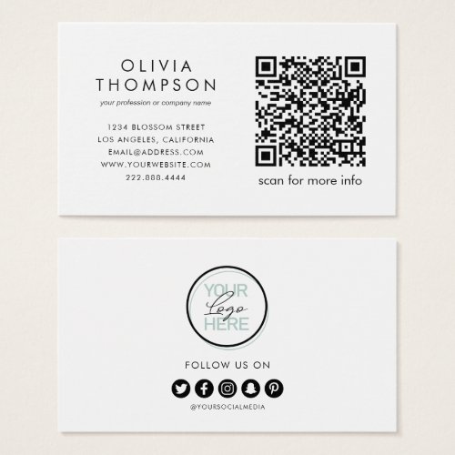 QR Code Logo Social Media Business Cards - Professional business cards featuring a simple white background, your logo, QR code, social media icons and your company details.