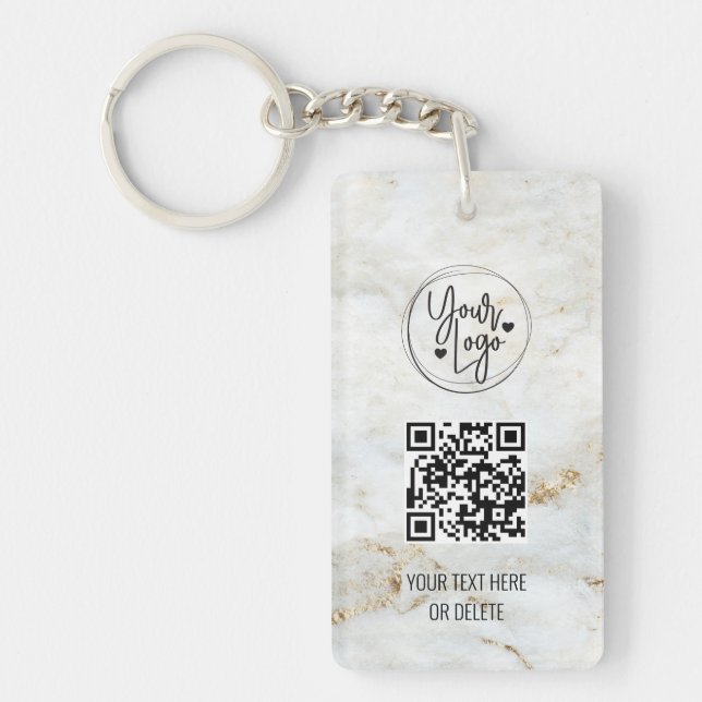 QR Code Logo White Gold Marble Business Keychain (Front)