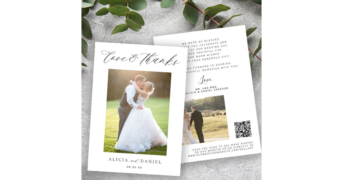 QR CODE love and thanks script 2 photo wedding Thank You Card | Zazzle