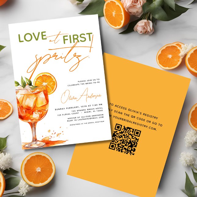 QR Code Love at First Spritz Orange Bridal Shower  Invitation (Creator Uploaded)