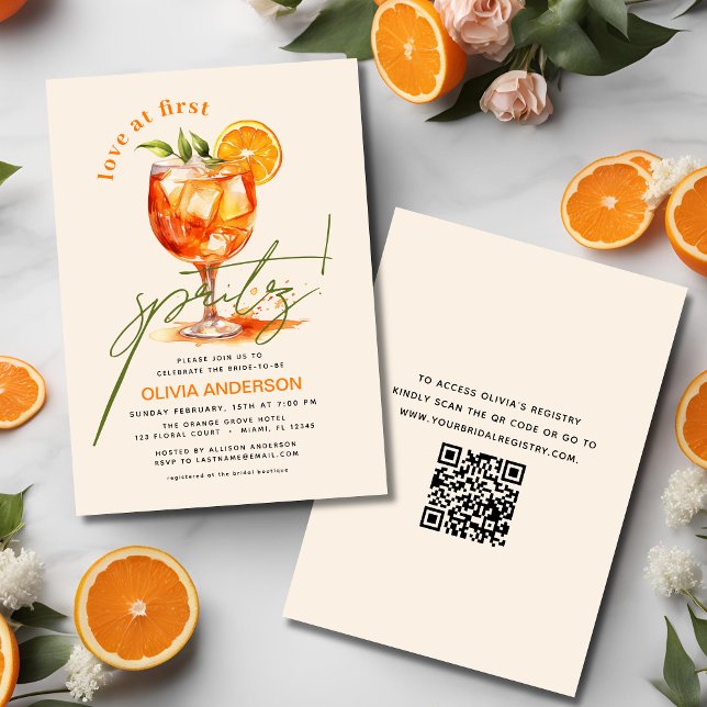 QR Code Love at First Spritz Orange Bridal Shower  Invitation (Creator Uploaded)