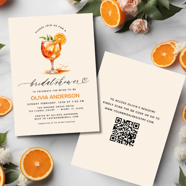 QR Code Love at First Spritz Orange Bridal Shower  Invitation (Creator Uploaded)