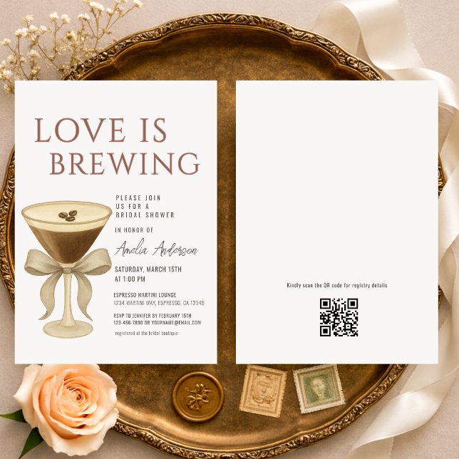 QR Code Love is Brewing Martini Bridal Shower Invitation (Creator Uploaded)